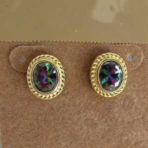 Iridescent Rainbow Crystal with gold tone metal, Stud Earrings 0.50 inch H New